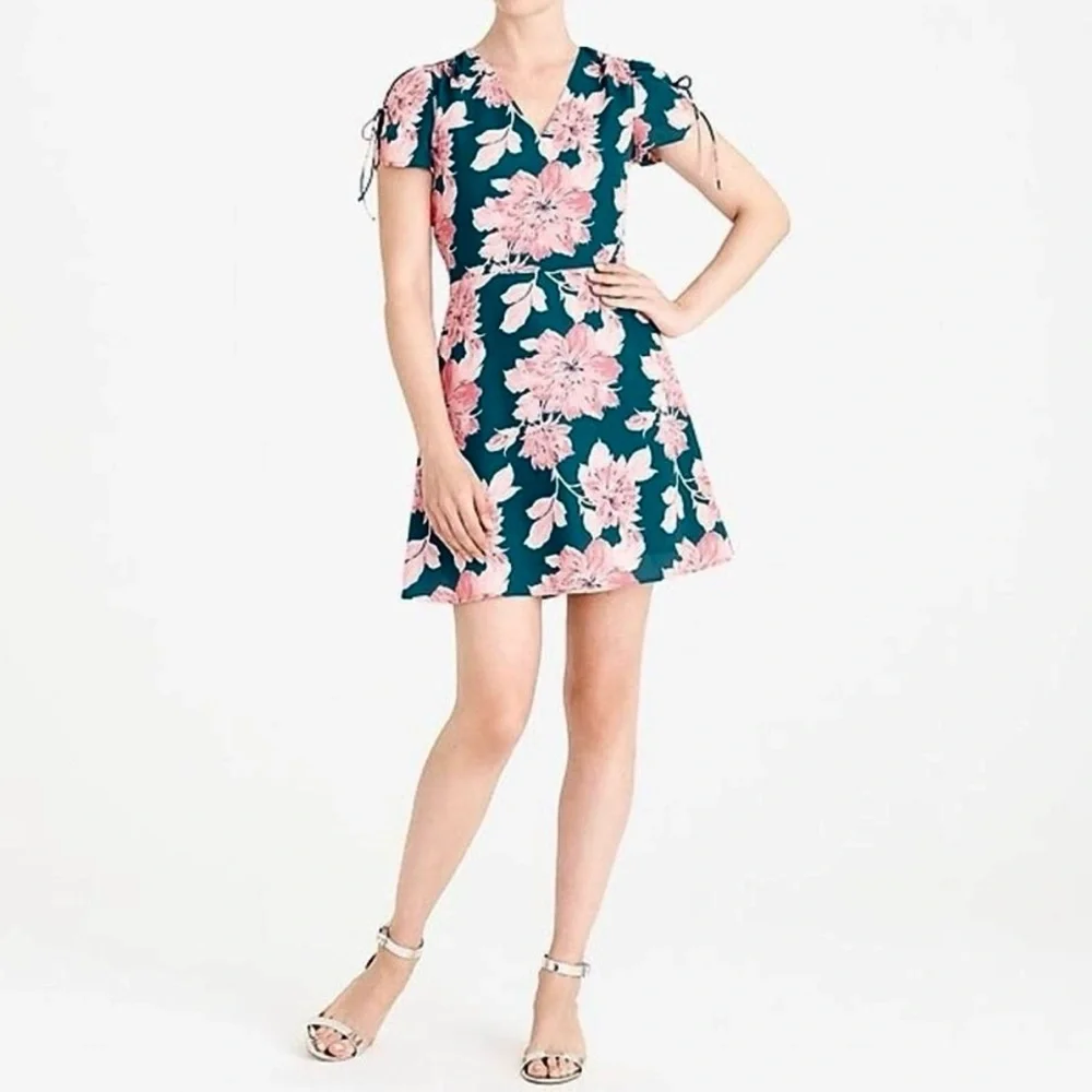 J. Crew Mercantile Floral‎ Printed Tie Shoulder Mini Dress Green Pink Size 8